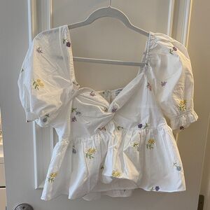 English Factory White Floral Puff Sleeve Blouse